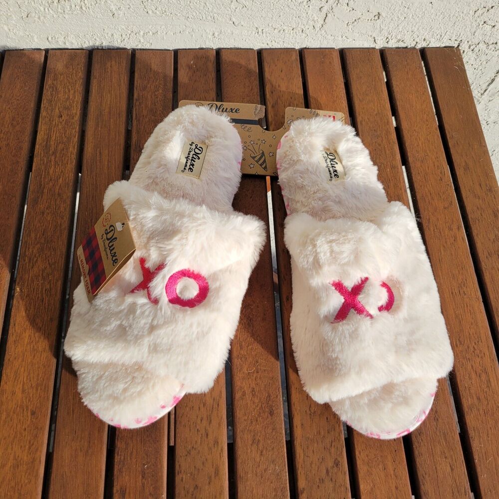 Dluxe Dearfoams Womens Plush Ivory XOXO Open Toe Slippers Shoes Size 11-12/XL